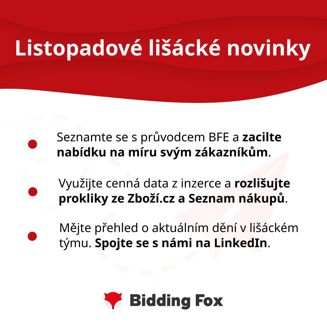 Pravidelným odběratelům právě do schránek přistály lišácké novinky. 📫

Přihlaste se i vy a sledujte, co je u nás nového. 
bidding-fox.cz/newsletter?utm…
#marketingtips #newsletter  #EcommerceTips  #ecommerce