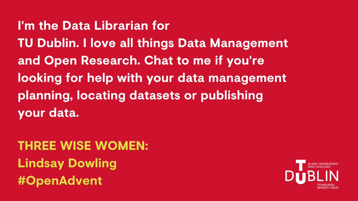 tudublinlib_'s tweet photo. Meet our first Wise Woman: introducing Lindsay Dowling, our Data Librarian
#openadvent #WeAreTUDublin https://t.co/e9gJeJgjoE