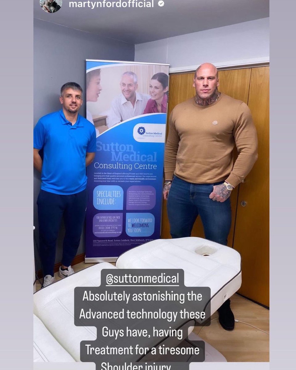 SuttonMedical's tweet image. What an absolute pleasure it was to meet and treat @martynfordofficial Hopefully our state of the art equipment and expert Steve Hakner from Midland Shockwave and Physiotherapy can work their magic. 🙏 Looking forward to seeing Martyn again soon. 🤩👨‍⚕️#shockwave #physiotherapy