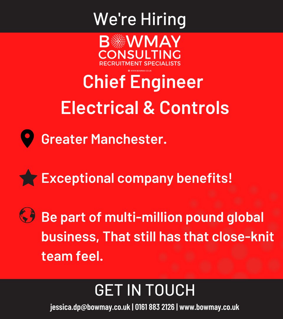 ⭐⭐HOT JOB!!!- Chief Engineer of Electrical &amp; Controls⭐⭐

Based in Manchester UK

We’d love to hear from you! call Jessica  for an informal chat about this role!

📞 0161 883 2126

To apply online click here 👇

bowmay.co.uk/job/chief-engi…