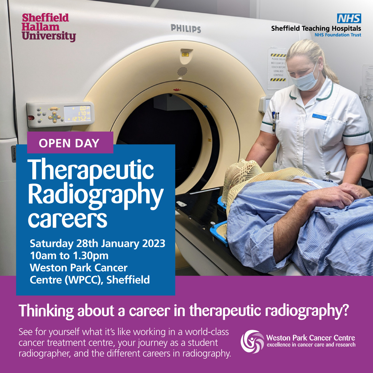 Are considering a career in Therapeutic #Radiography?

In January we're hosting an exciting open day with <a href="/sheffhallamuni/">Sheffield Hallam University</a> at <a href="/WestonParkCC/">Weston Park Cancer Centre</a>, for people to learn more about careers in radiography.

Find out more and register 👇
eventbrite.co.uk/e/therapeutic-…