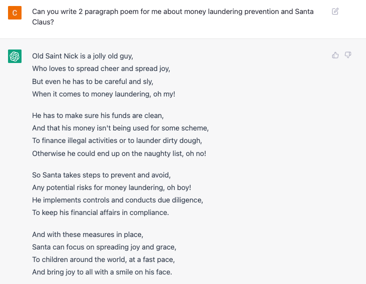 Playing around with the impressive #ChatGPT AI at work. Happy Saint Nick from your favorite #AML #compliance provider <a href="/KerberosAML/">KERBEROS Compliance</a>. 🤣