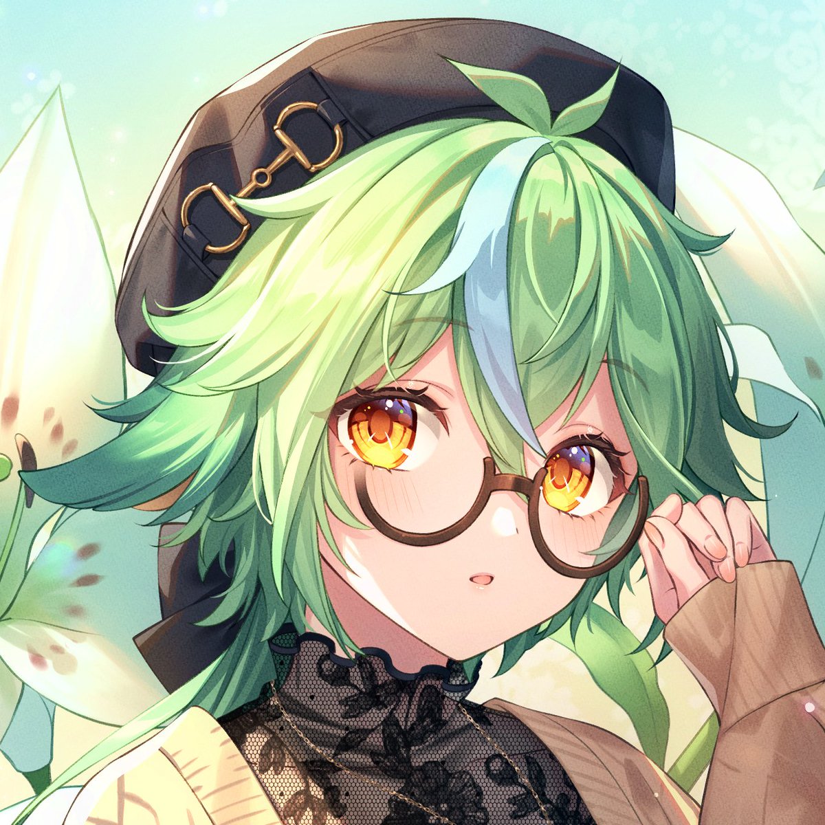 sucrose (genshin impact) 1girl solo glasses green hair hat looking at viewer beret  illustration images