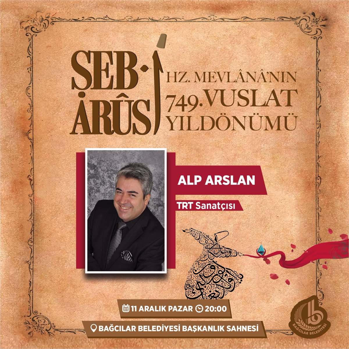 ❝Odun yanar kül olur, insan yanar kul olur...❞

Vuslatının 749. sene-i devriyesinde hoşgörü, sabır ve kardeşliğin sembolü olan Hazreti Mevlâna'yı anıyoruz.

🗓️11 Aralık Pazar
⏰20:00
📍Bağcılar Belediyesi Başkanlık Sahnesi 

#BağcılarKültürSanat