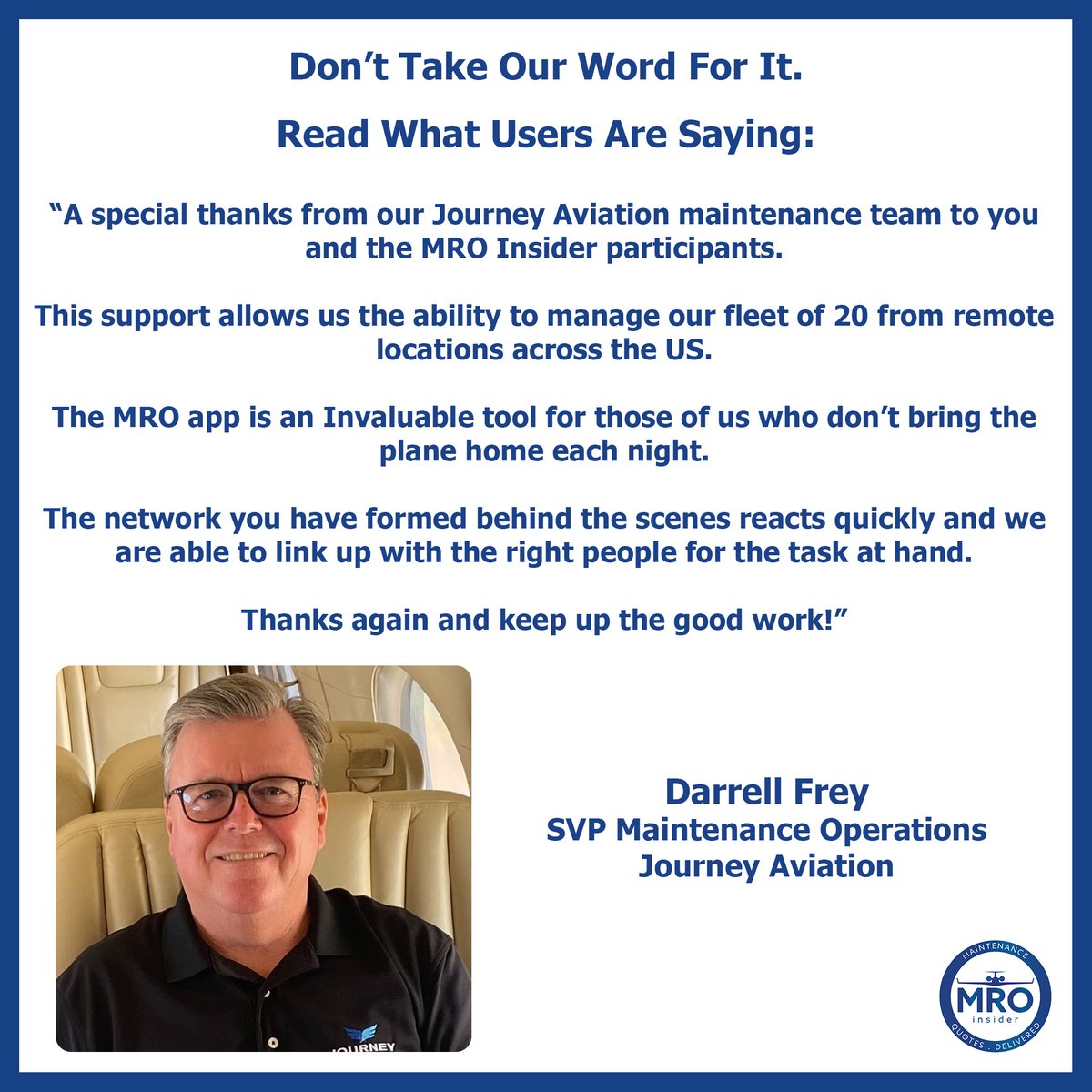 MRO Insider (@mroinsider) on Twitter photo Another #TestimonialTuesday from our friend Darrell Frey! We always appreciate the opportunity to work with <a href="/JourneyAir/">Journey Aviation</a> - keeping their fleet in the air has been a great experience.
#bizav #jets #jetcharter #charterjet #cessna #dassault #bombardier #embraer #gulfstream Another #TestimonialTuesday from our friend Darrell Frey! We always appreciate the opportunity to work with <a href="/JourneyAir/">Journey Aviation</a> - keeping their fleet in the air has been a great experience.
#bizav #jets #jetcharter #charterjet #cessna #dassault #bombardier #embraer #gulfstream