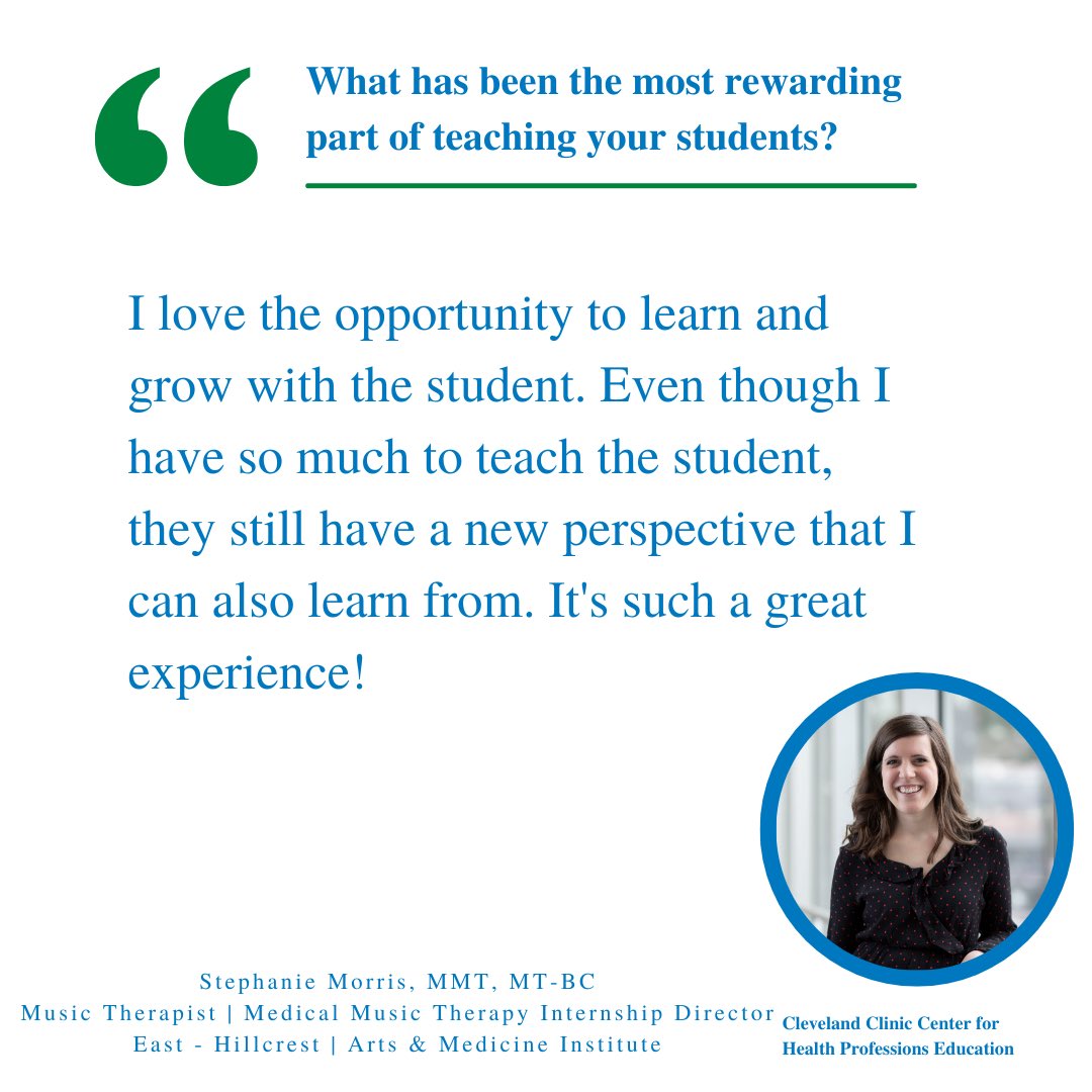 CleClinicCHPE's tweet photo. #ProudtoEducate
 
Stephanie Morris, MMT, MT-BC
Music Therapist | Medical Music Therapy Internship Director
East - Hillcrest | Arts &amp; Medicine Institute
Link in bio for more!
#healthprofession #student #education #cle #cleveland #clevelandclinic #musictherapy #musictherapystudent https://t.co/Empja6GrBN
