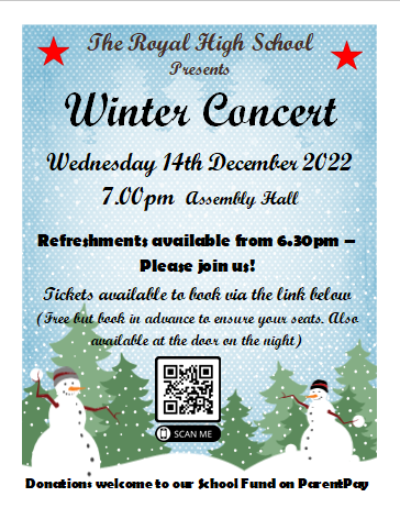 📢🎅Roll Up Roll Up! We'd love to see you at the <a href="/Royal_High_Sch/">Royal High School</a> Winter Concert. Booking is free using this link - parents-booking.co.uk/royalhighschool 
Donations are welcome to our school fund on Parent Pay support our shows and help us provide equipment to those that need. See you there!🎄