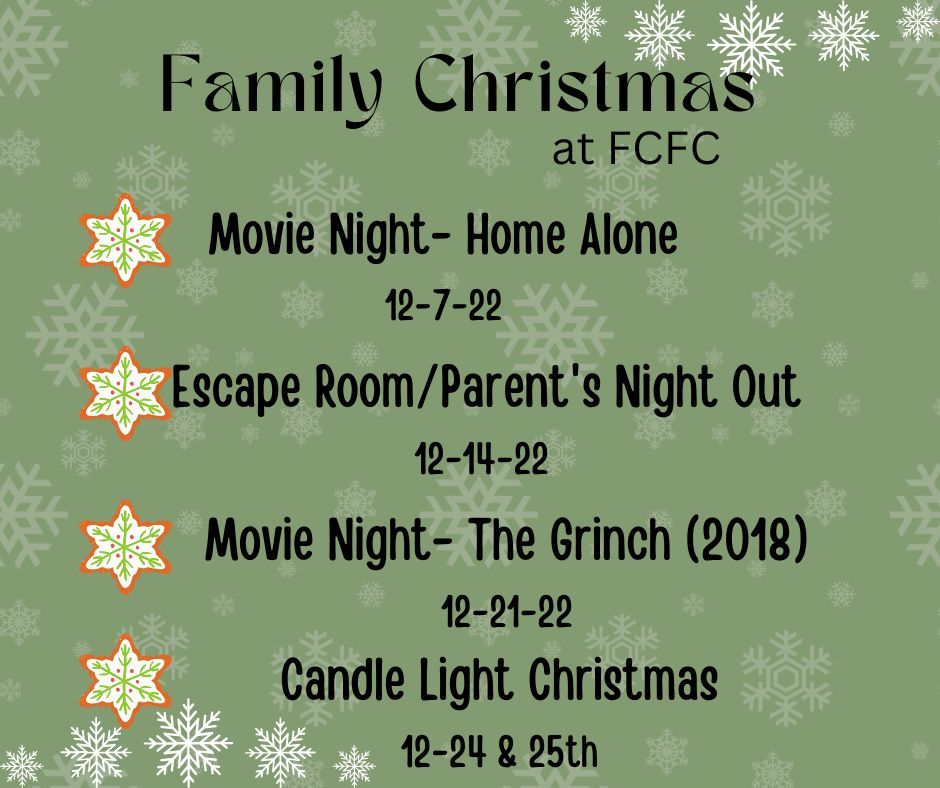 FCFCmo's tweet photo. Join us all month long for Family Nights!

🎄Home Alone-7 pm

🎄Escape Room/Parent's Night Out- 5:30-8:30pm
Kid's will enjoy a fun evening with an Escape Room and dinner.
Parent's are invited to spend the evening out Christmas shopping or enjoying a date night out! Want to han... https://t.co/OLAqb7jpP1