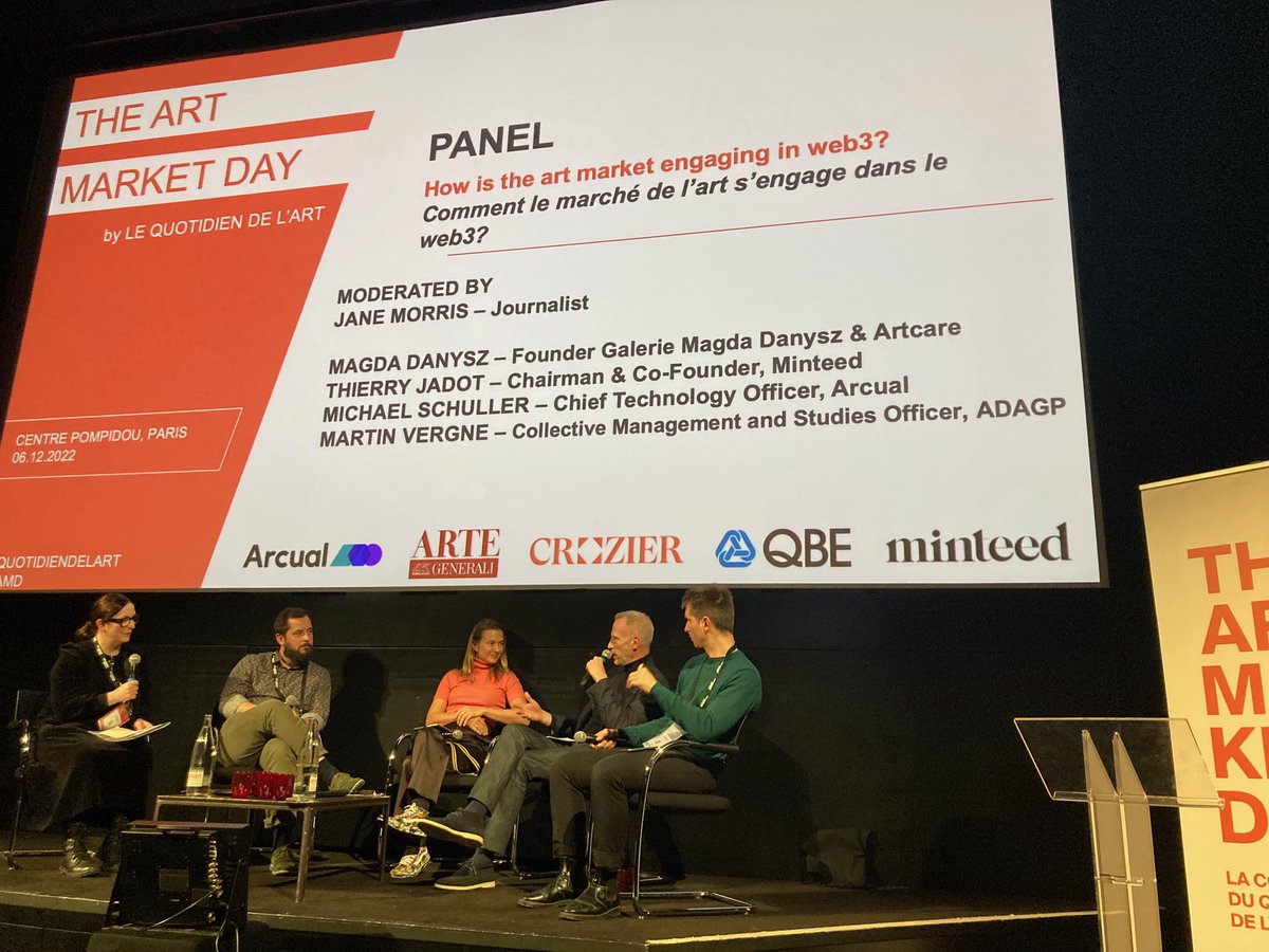 Quotidiendelart's tweet photo. [THE ART MARKET DAY EN LIVE] Marché de l’art &amp; Web3 : quelles opportunités ? quelles limites ? Jane Morris (@TheArtNewspaper), @danyszgallery (Galerie Magda Danysz &amp; Artcare), @thierryjadot (Minteed), Michael Schuller (Arcual) et Martin Vergne (@Adagp_) en débattent ! #TAMD https://t.co/AZjYHUcMFP