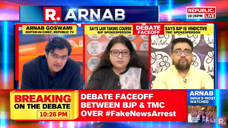 republic's tweet photo. On #FakeNewsArrest debate, @DrRijuDutta_TMC's 'Kangana Ranaut has Z+ security' claim runs into Arnab's fact-check; Tune in to watch #LIVE here - https://t.co/GAtGCw2GdU https://t.co/aUbDeOxcz1