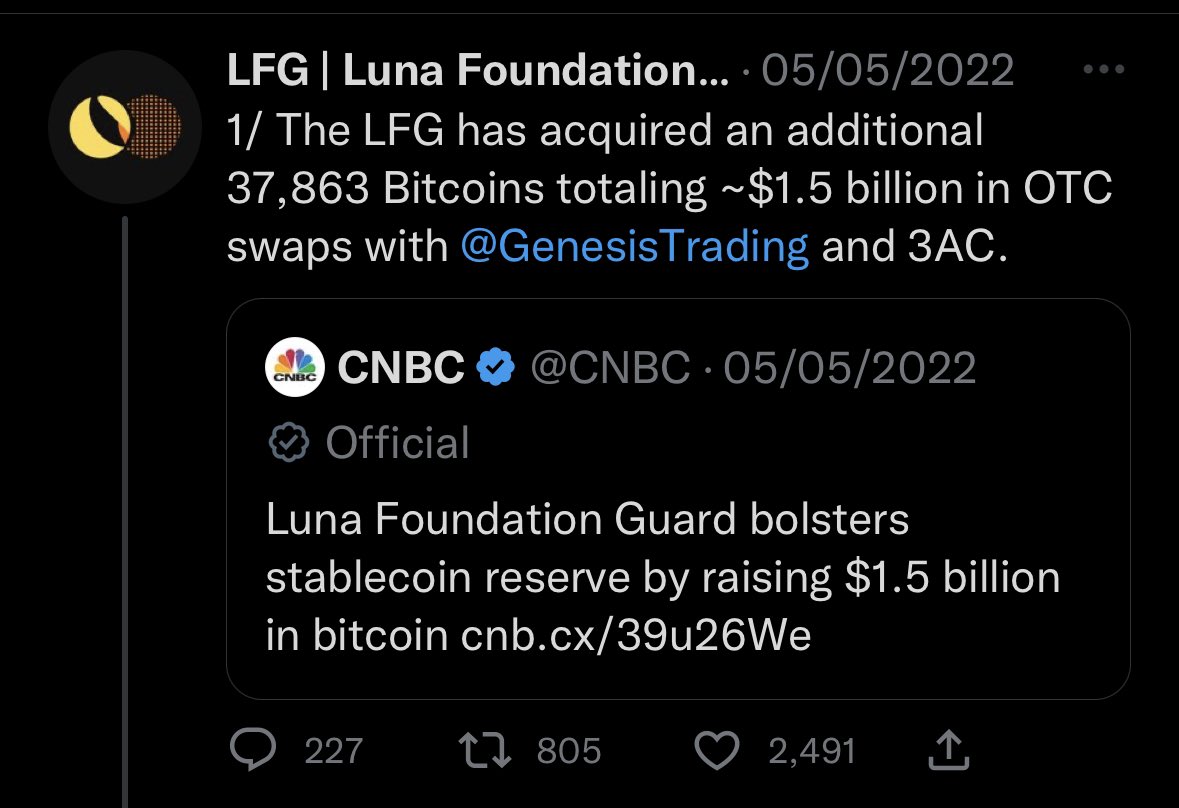 TheRyanLion's tweet photo. @FatManTerra Oh look this swapping of $UST to other stables also coincides with LFG buying $1.5Bn in $BTC - do you think there might be correlation here?

I would agree pumping a ton of $UST into the market was not smart, but I think you have the answer on why they were doing it right here. https://t.co/7iZUHkmV3v