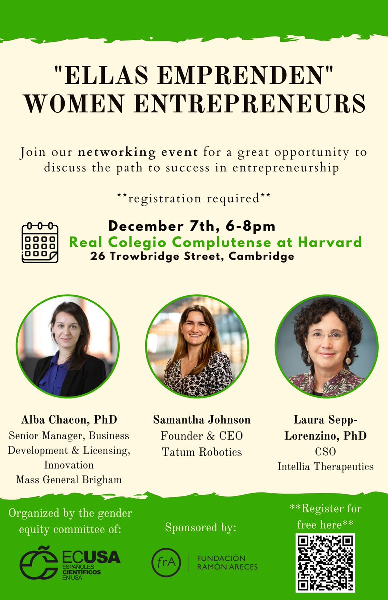 Interested in #Entrepreneurship ? #today 🤝Join our #networking event in the #Boston area! Don’t miss the opportunity to discuss the path to success. 📆 December 7th, 6-7pm 📍26 Trowbridge St, Cambridge @RCC_Harvard @FundacionAreces 👉Register: eventbrite.com/e/ellas-empren…