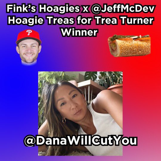 Finks_Hoagies's tweet photo. Sorry we were watching the World Cup, got sidetracked.

Congratulations to our Hoagie Treas for Trea Turner winners:

@DarthDoughboy @danawillcutyou @SwanlynnTaze ! 

You each win a 10 person hoagie tray from Fink’s! 

#ThankUJeff for the great idea, graphics and fun! 🥖 https://t.co/lLW7wlwm3S