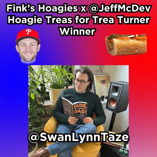 Finks_Hoagies's tweet photo. Sorry we were watching the World Cup, got sidetracked.

Congratulations to our Hoagie Treas for Trea Turner winners:

@DarthDoughboy @danawillcutyou @SwanlynnTaze ! 

You each win a 10 person hoagie tray from Fink’s! 

#ThankUJeff for the great idea, graphics and fun! 🥖 https://t.co/lLW7wlwm3S