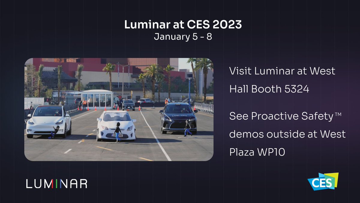 luminartech's tweet photo. Roll with us at CES 2023: Press event on Jan. 4 at 2pm; Booth featuring @volvocars #EX90; Proactive Safety demos and SAIC's #RisingAutoR7 outside. Learn more at https://t.co/Y6HBRIQ7fF https://t.co/Gf6vPJtjXs