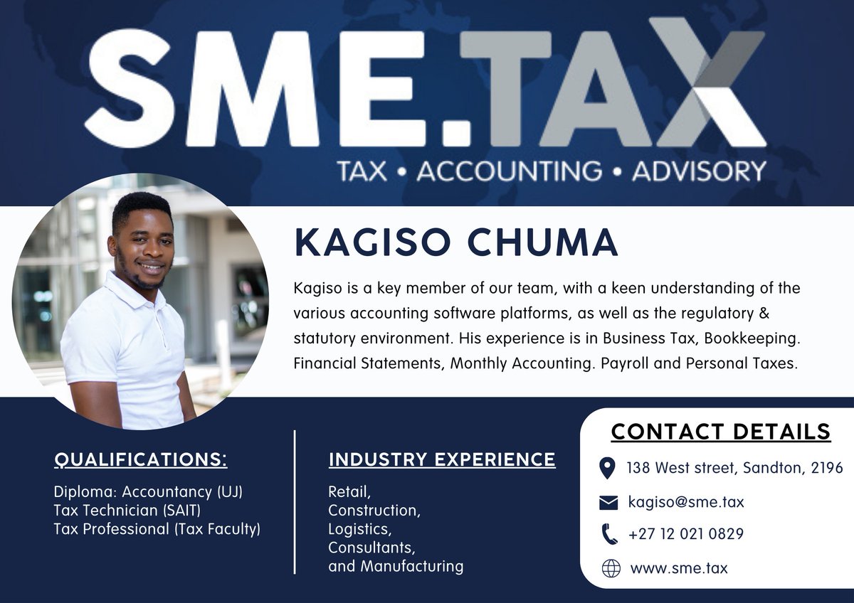 sme_tax's tweet photo. Meet our franchisee, @KagisoChuma, who is ready to assist your #business big or small! Industry experts backed by an extensive network of accountants to provide every accounting, tax, or secretarial needs, have a consultation on the house > https://t.co/aByim88nCN https://t.co/SZTyWVftU9