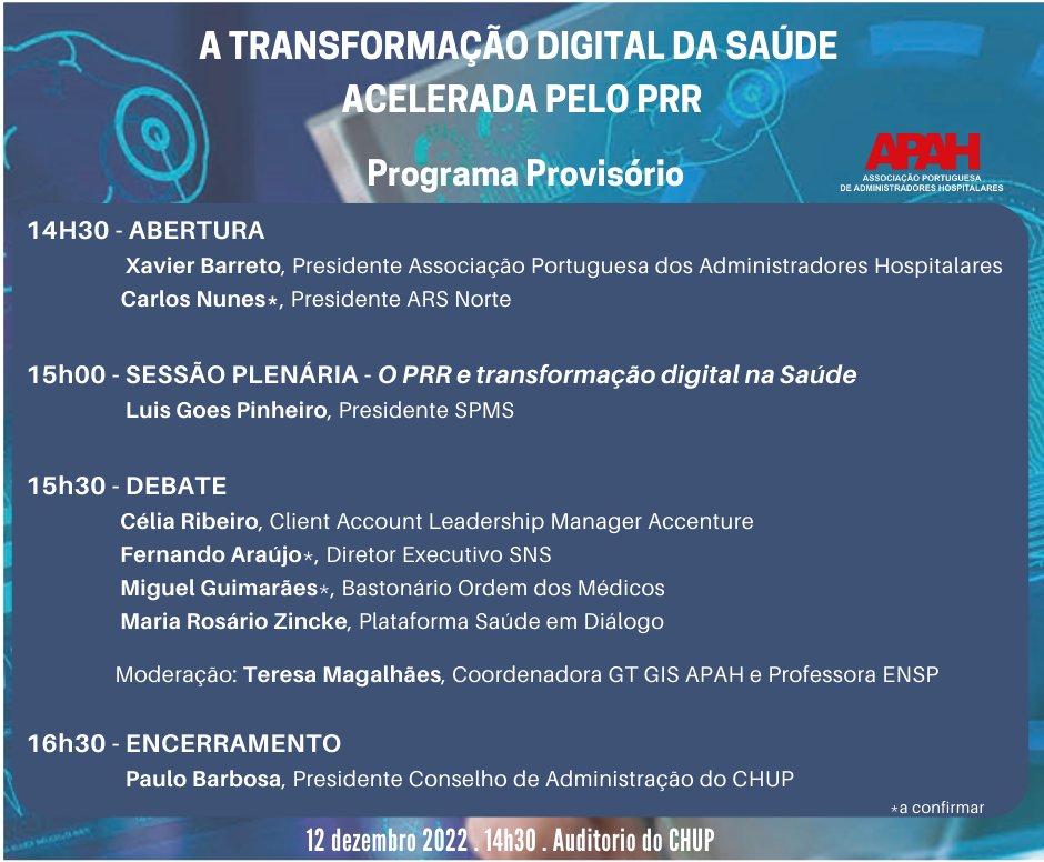 “Transformação Digital da Saúde acelerada pelo PRR”

Conheça o programa provisório. 

📍Auditório Professor Alexandre Moreira, Centro Hospitalar e Universitário do Porto 
📆12 de dezembro, 14h30

Evento aberto ao publico.