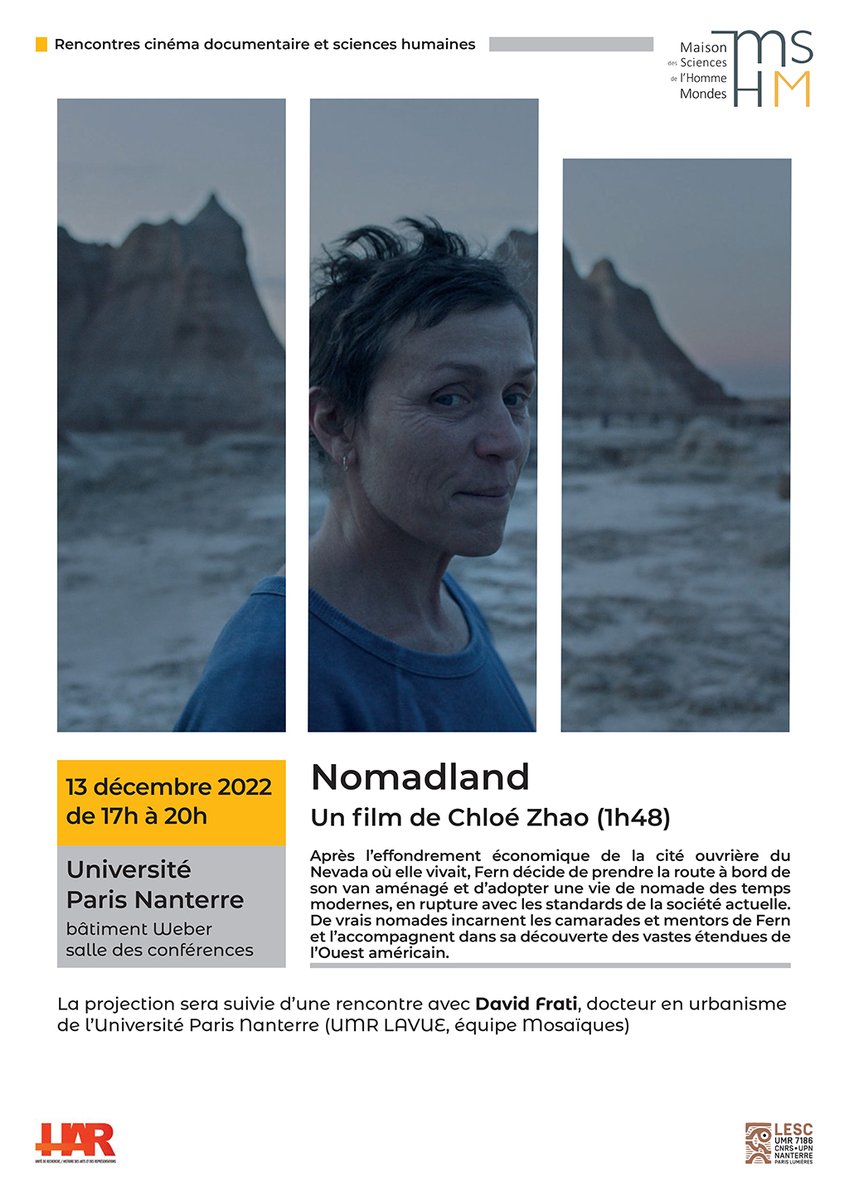 Projection de film @UParisNanterre le 13 décembre 2022 à 17h #Nomadland de Chloé Zhao, suivi d'une rencontre David Frati, docteur en #urbanisme de l’Université Paris Nanterre (UMR LAVUE, équipe Mosaïques) mshmondes.cnrs.fr/evenements/nom…