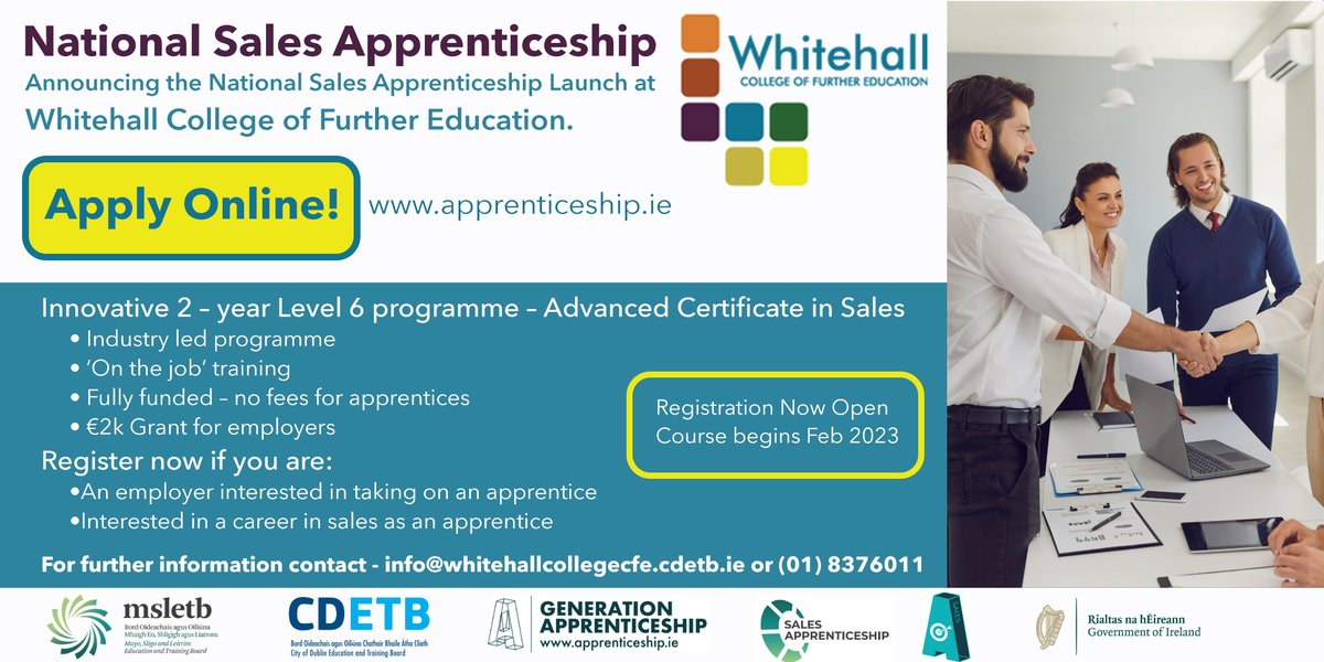 We are delighted to announce the launch of the National Sales Apprenticeship programme at our Whitehall College of Further Education.

Are you an employer looking for an apprentice or someone looking for a career in sales?

Apply now - apprenticeship.ie/career-seekers… 

<a href="/WhitehallFET/">Whitehall College</a>