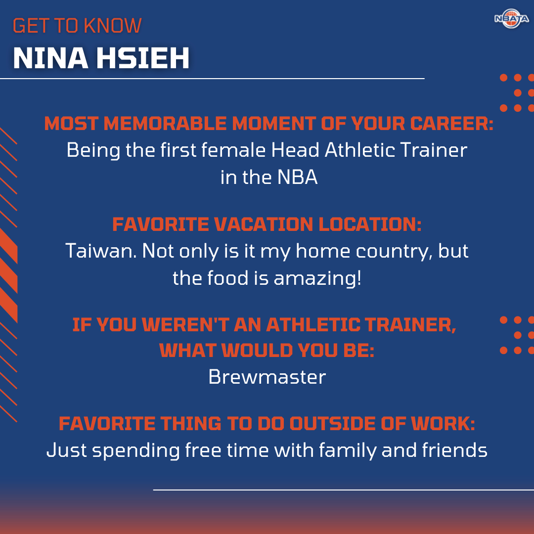 Nina Hsieh, the Senior Athletic Trainer for <a href="/hornets/">Charlotte Hornets</a> made history as the first female Head Athletic Trainer in the NBA. What would she do if she wasn't breaking barriers?! Swipe to find out! 

#nbata #athletictraining #sportsmedicine #memberspotlight #gettoknowme #nba #basketball