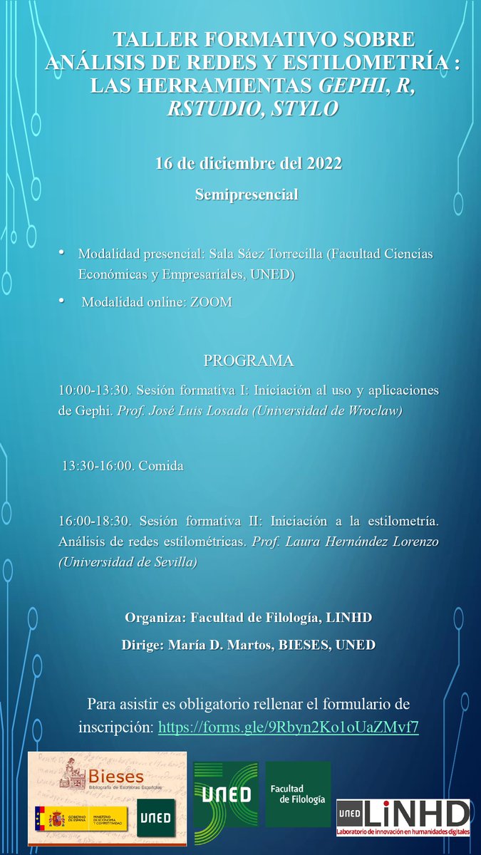 "Taller formativo sobre análisis de redes y estilometría: las herramientas <a href="/Gephi/">Gephi</a>, #R, #rstudio y #stylo"

Organizan <a href="/uned_filologia/">UNED_Filología</a>, <a href="/linhduned/">LINHD</a>, <a href="/Proyecto_Bieses/">BIESES</a> 

📅 16 de diciembre (semipresencial)
👥 Imparten <a href="/libropesia/">J. L. Losada</a> y <a href="/lamusadecima/">Laura Hernández-Lorenzo</a> 

🔗 forms.gle/9Rbyn2Ko1oUaZM…