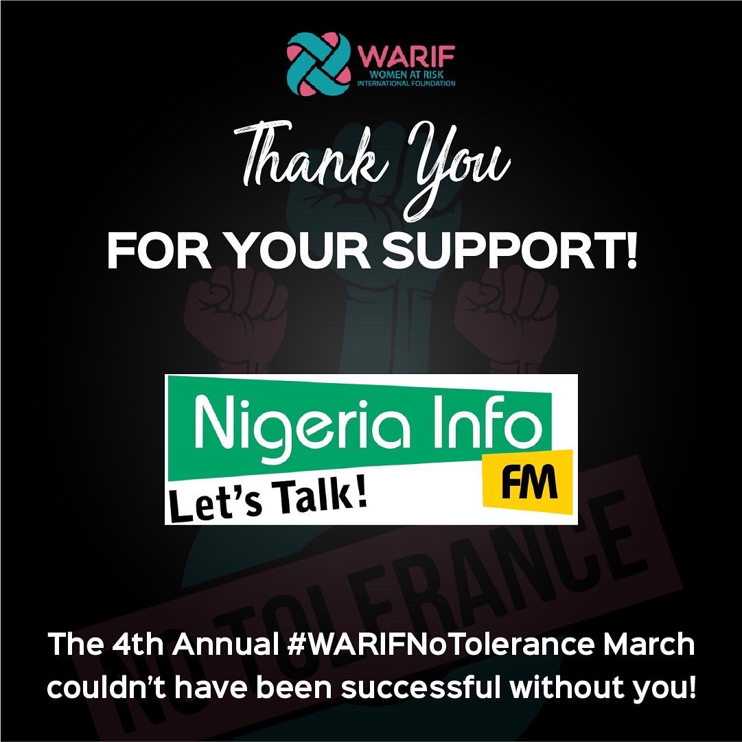 WARIF_NG's tweet photo. We say a BIG thank you to our partners and sponsors for their support and kind donations towards the success of the 4th Annual 2022 WARIF No Tolerance March!
@THEBEAT999FM @CoolFMNigeria @WazobiaFMAbuja @NigeriainfoFM
#NTM2022 #NoToleranceMarch #16daysofactivism https://t.co/kazyCqBRj9