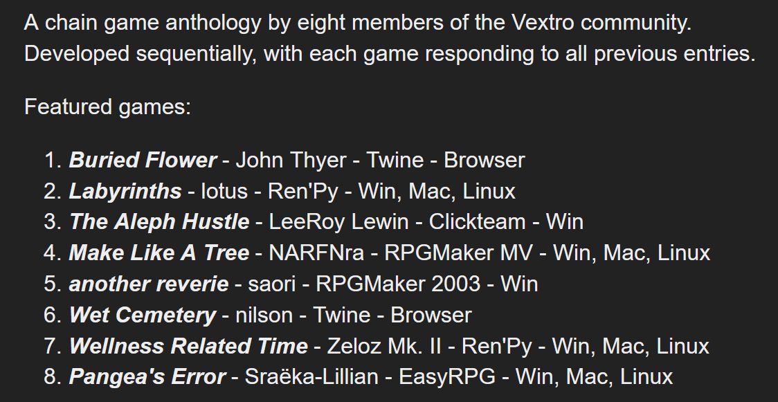 farawaythyer's tweet photo. GARDENS OF VEXTRO 
Releasing Friday 12/9 at noon CST!

A chain game anthology by the Vextro community. Play a bunch of rad games for free that build off each other in really cool ways, in a variety of styles and tones! https://t.co/gE1Sh0IrJB