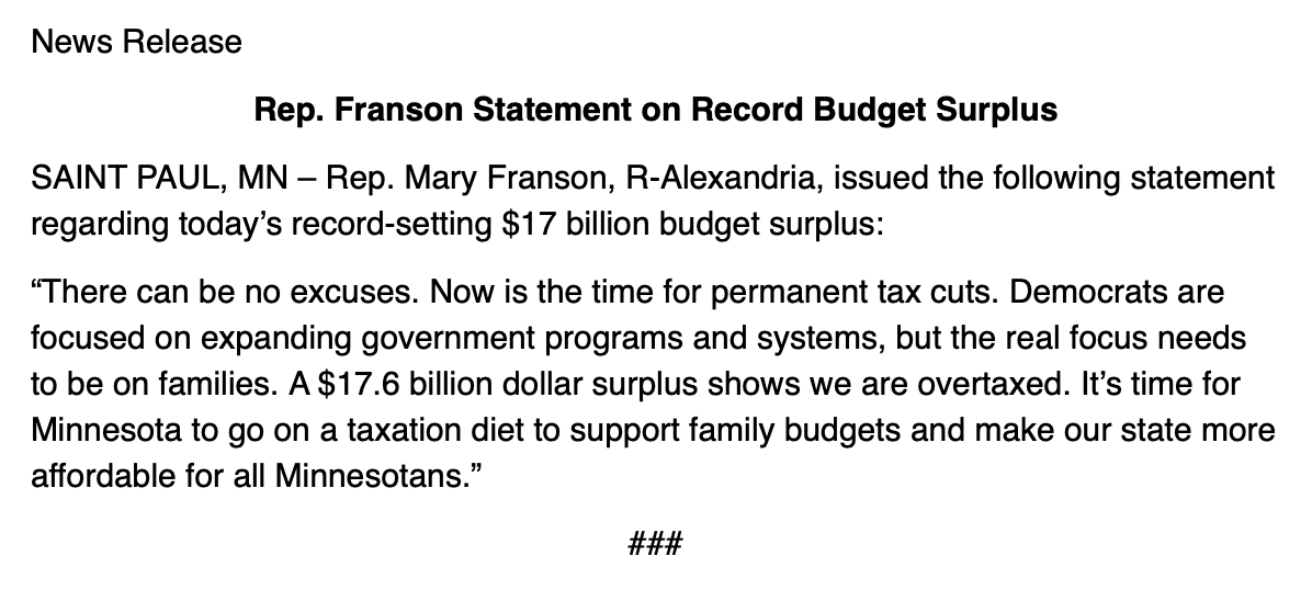 MaryFransonMN's tweet image. Minnesota has a $17.6 BILLION SURPLUS! My statement on today's announcement ⬇️