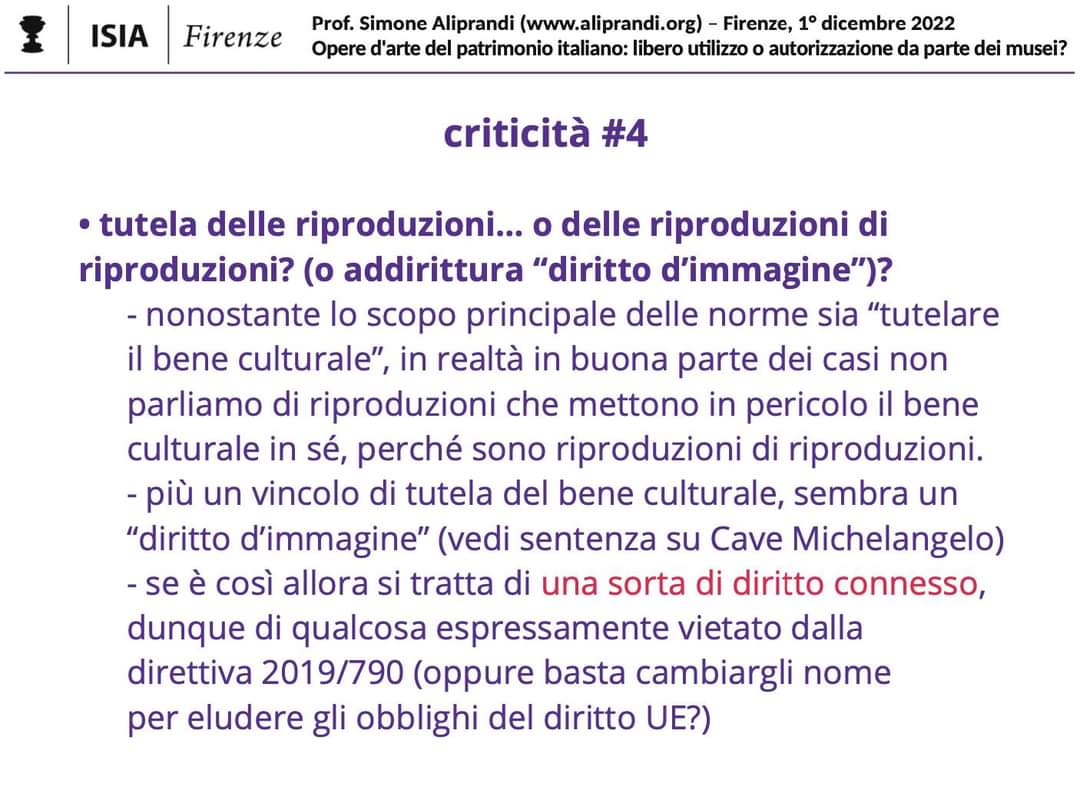 In molti mi hanno scritto esprimendo curiosità sui contenuti dell'incontro a @isiafirenze su riproduzioni dei #beniculturali e #pubblicodominio sulle #operedarte. Condivido queste slides con le criticità che ho individuato nella normativa vigente. #intellectualproperty #copyright