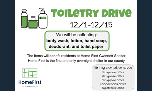 RMStitans's tweet photo. RMS is hosting a toiletry drive to benefit residents at Home Frist Gwinnett Shelter.  We are collecting body wash, lotion, hand soap, deodorant, and toilet paper.  Students can bring donations to their grade level offices for collection.  Thank you for your support! https://t.co/VjJeJknOp8