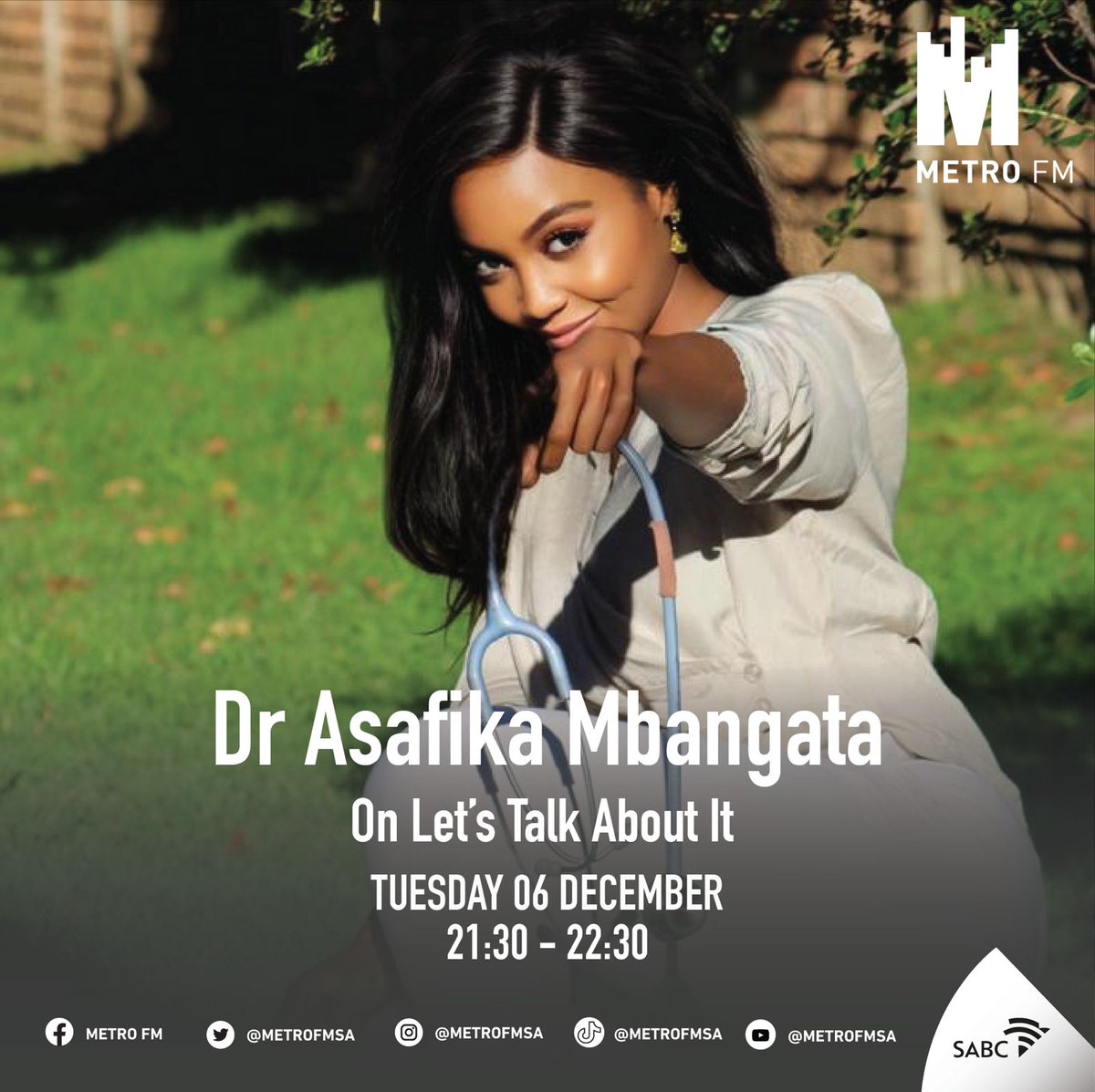 COMING UP - I'm in conversation with Family Medicine Specialist <a href="/AsafikaMbangat/">Dr Asafika</a> as we discuss contraception options for both men &amp; women and PrEP. I've been looking forward to this chat for a bit now. 

Join me at 21:00 🤟🏾

#LetsTalkAboutIt
<a href="/METROFMSA/">METROFM SABC</a>

📲 0605527303
☎️ 0860002160