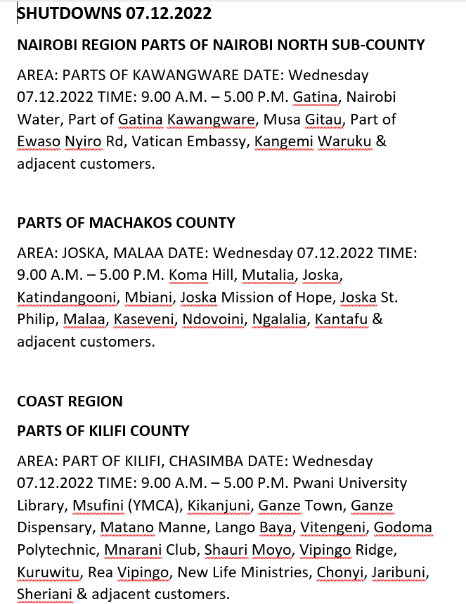 KenyaPower_Care's tweet photo. Good Evening. The listed areas will be affected by planned power interruptions tomorrow (7th December, 2022). The interruption is part of network maintenance. ^MW https://t.co/Adonyo1D4k