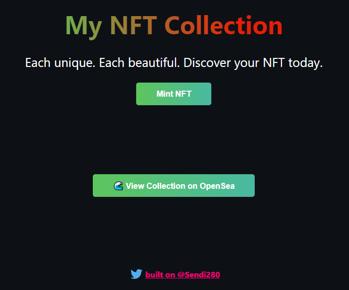 Sendi280's tweet photo. Shipped my NFT collection w/ @_buildspace 🚢!

✅ Deployed a custom ERC-721 contract.
✅ Built a "Connect Wallet" flow w/ React.
✅ Created a web app that lets people mint on-chain NFTs straight to their wallet. https://t.co/Lkz3OIINsT