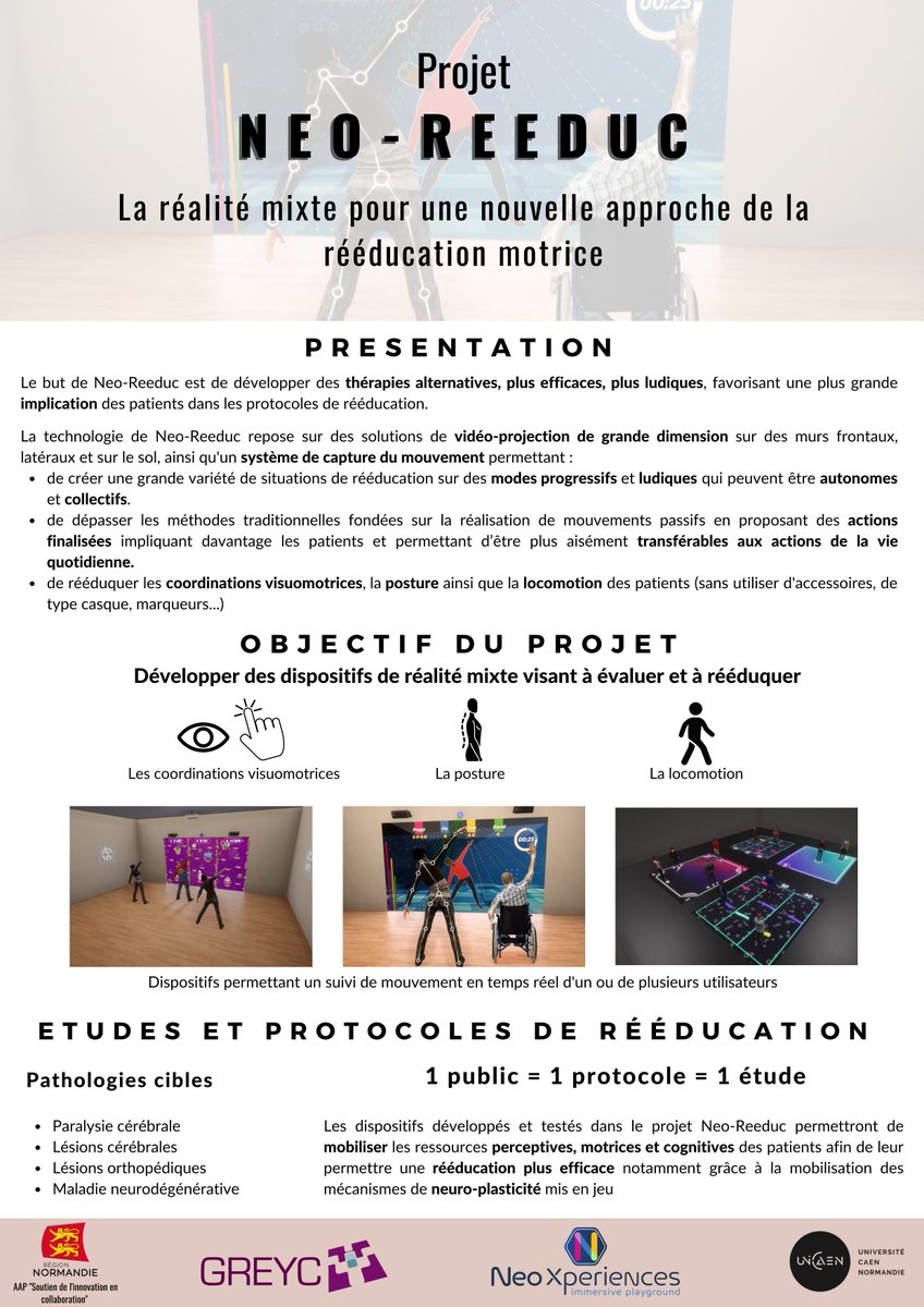 Le projet Neo-Reeduc coordonné par N. Benguigui a obtenu un financement de la Région dans le cadre des dispositifs de "Soutien de l'innovation en collaboration", dont 329 000 € pour <a href="/GreycLab/">GREYC</a>. Ce projet implique Y. Chahir, F. Rioult et L. Lejeune, et la société Neo-Xperiences.