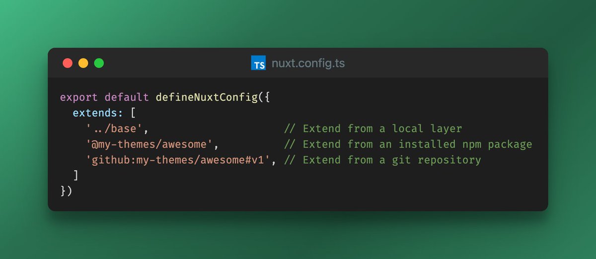 nuxt_js's tweet image. One of the core features of Nuxt 3 is the layers system 🥞
Extend a default Nuxt application to reuse components, utils, and configuration.
Learn more on nuxt.com/docs/getting-s…