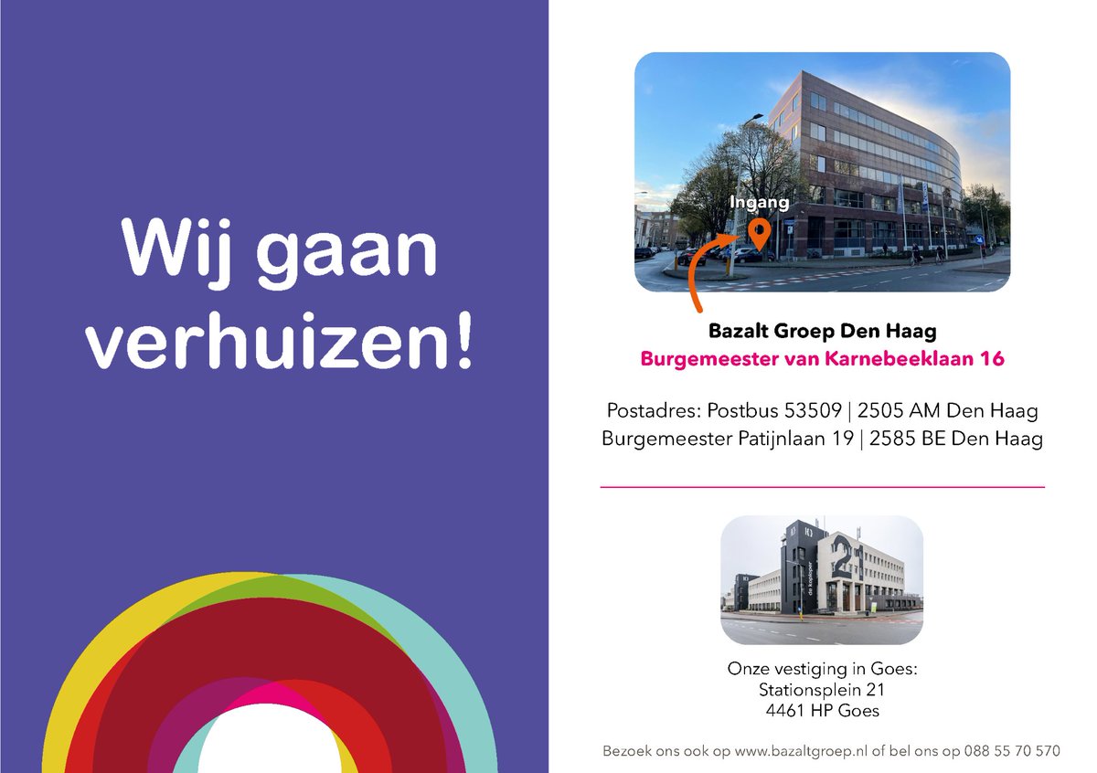 Met trots zijn wij onlangs van drie merken naar één Bazalt Groep gegaan, en na Goes heeft nu ook onze locatie in Den Haag een nieuwe thuisbasis gevonden. 
We zien je graag vanaf 19 december op onze nieuwe locatie,  Burgemeester van Karnebeeklaan 16.

#verhuizen #HCO #Bazaltgroep