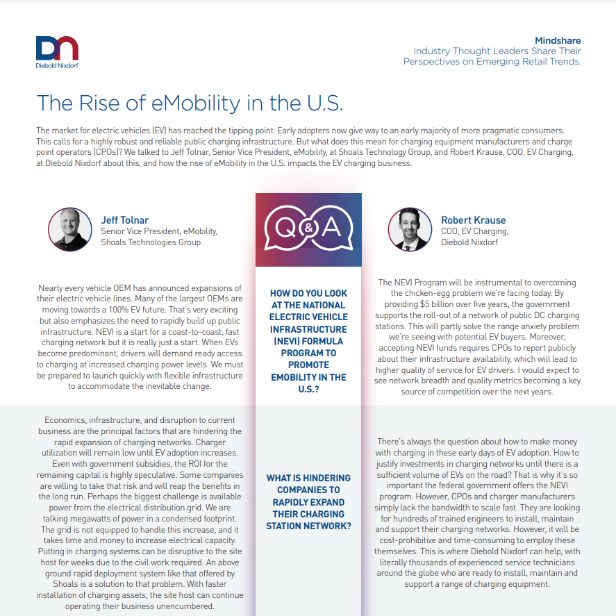 ShoalsTech's tweet photo. 💥 Just released - Read Jeff Tolnar, SVP eMobility @ShoalsTech and Robert Krause's, COO EV Charging at @DieboldNixdorf, thoughts on the "Rise of eMobility in the U.S" published by @DieboldNixdorf.

https://t.co/FYuDVo6kUU

#InventingSimple #EVCharging https://t.co/vlrvP33MKH