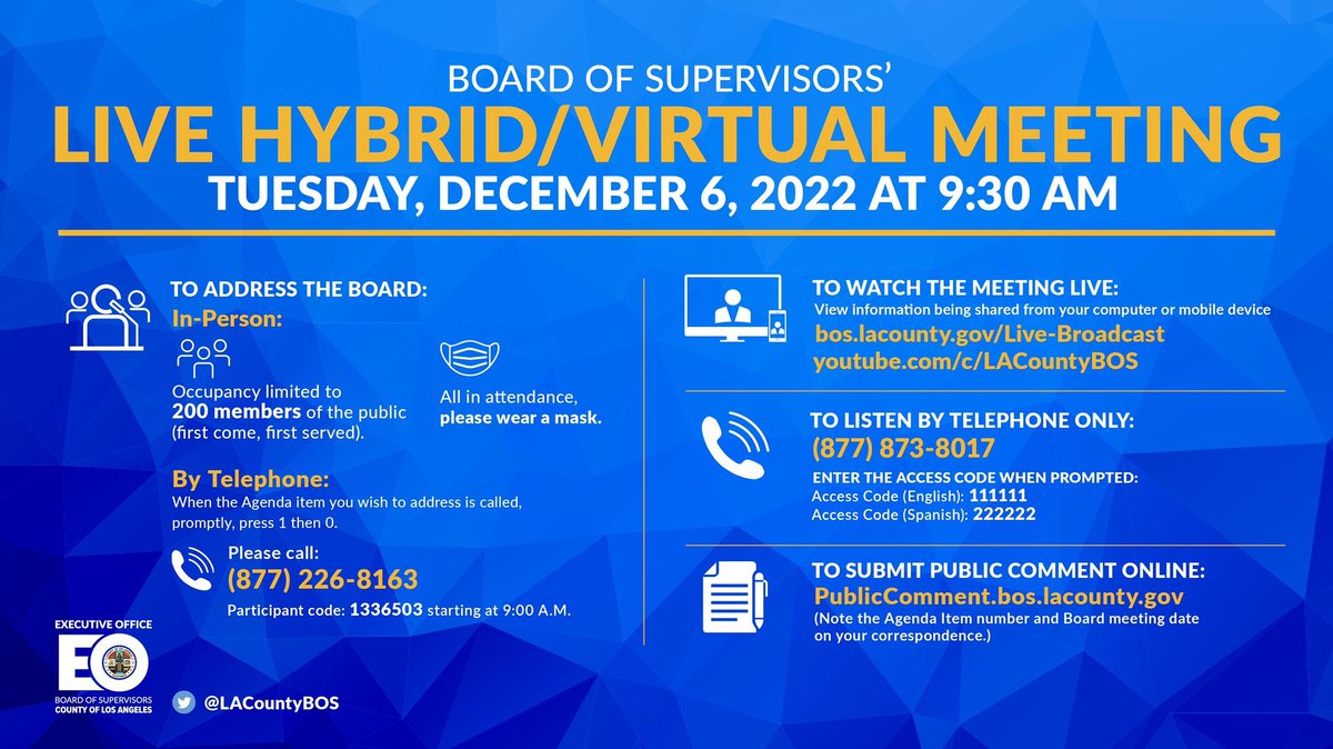 Today's @LACountyBOS Board meeting will begin soon, at 9:30 AM. View the agenda: assets-us-01.kc-usercontent.com/0234f496-d2b7-… Watch live: bos.lacounty.gov/board-meeting-… See below for participation details ⬇️