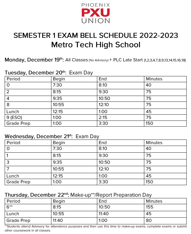 MetroTechHS's tweet photo. Please see Metro Tech's Final Exam schedule for the week of December 19th. https://t.co/HslcFYa27P