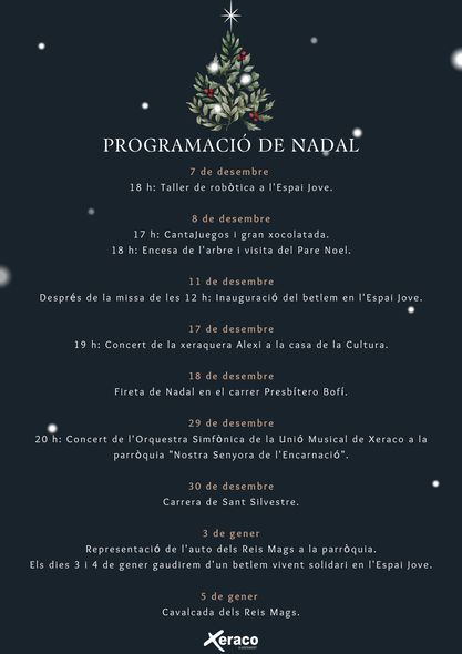 🎄 Arriba el Nadal a Xeraco i amb ell aquesta ampla programació d'actes i activitats de les quals vos convidem a gaudir!
🎄 Llega la Navidad a Xeraco y con ella esta amplia programación de actos y actividades de las que os invitamos a disfrutar.