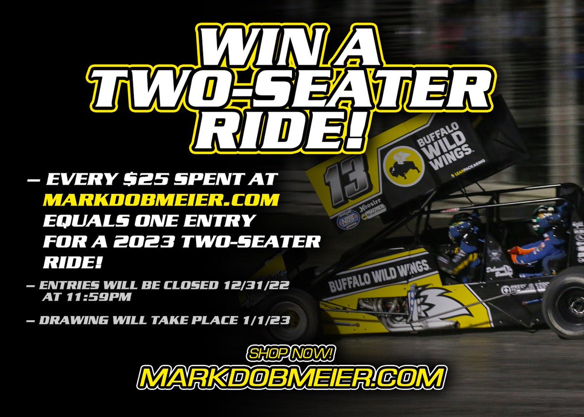 DobmeierRacing's tweet photo. We are giving away a Two-Seater ride for next season! 🏁

Enter for your chance to win by making an apparel purchase at https://t.co/jk8yOgYIQ9! For every $25 spent, you will receive 1 entry into the drawing. 

Entries are open until 12/31/22. The drawing will be held on 1/1/23. https://t.co/fyxy61qCZC