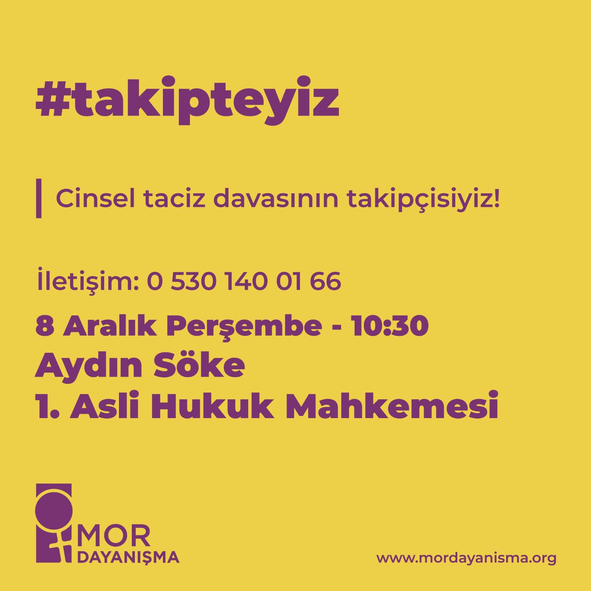 2018 yılında yaşanan cinsel taciz olayının failinin yargılanacağı duruşmaya çağırıyoruz. 

Failler ceza alana kadar mücadele etmeye devam edeceğiz. İstismar suçtur, takipçisiyiz!
#takipteyiz #mordayanışma