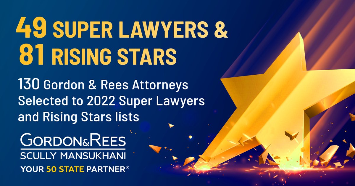 Gordon Rees Scully Mansukhani (@gordonreesllp) on Twitter photo Super Lawyers® has released its lists of outstanding attorneys for 2022 throughout the U.S.. 130 firm attorneys have been selected - 49 to Super Lawyers and 81 to Rising Stars.
ow.ly/XCSw50LWBfH
<a href="/SuperLawyers/">Super Lawyers</a> #grsm #gordonrees #lawfirm #law #lawyers #superlawyers Super Lawyers® has released its lists of outstanding attorneys for 2022 throughout the U.S.. 130 firm attorneys have been selected - 49 to Super Lawyers and 81 to Rising Stars.
ow.ly/XCSw50LWBfH
<a href="/SuperLawyers/">Super Lawyers</a> #grsm #gordonrees #lawfirm #law #lawyers #superlawyers
