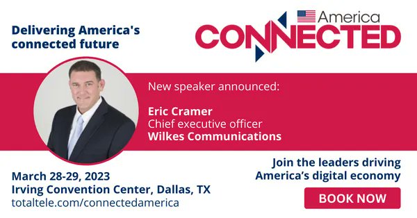 We're thrilled to welcome Eric Cramer, Chief Executive Officer, <a href="/WilkesComm/">Wilkes Communications</a> as a speaker at #ConnectedAmerica. 

Connected America will be taking place at the Irving Convention Centre on March 28-29 in Dallas TX.  

Book your ticket here- 
buff.ly/3OPEBHQ

#Connectivity