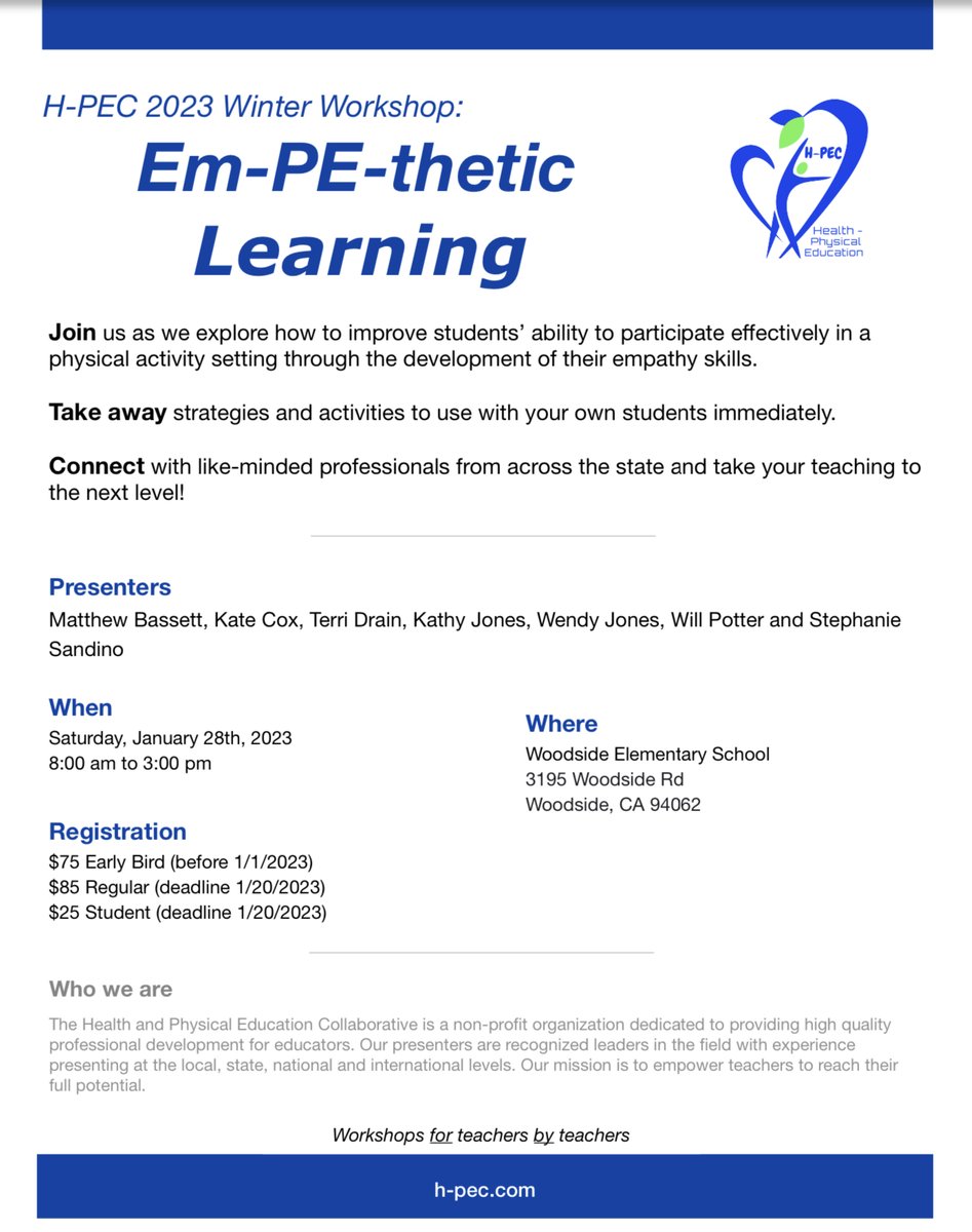 💥HEY CA PE Teachers! Join US! H-PEC  WINTER  WORKSHOP 2023 “EmPEthetic Learning in PE”❤️‍🔥January 28th, Woodside CA🌁Cutting edge content!🔥GREAT presenters!!!🔥 Find out more here: h-pec.com/physical-educa… <a href="/CAHPERD/">CAHPERD</a> <a href="/EPEWCP/">EPEW</a> #physed
