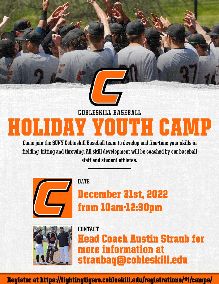 SUNY Cobleskill Baseball (@cobleskillbase) on Twitter photo SUNY Cobleskill Baseball is holding a holiday youth camp ages 8+ on Dec. 31st!! 10am-12:30pm. Link for registration: fightingtigers.cobleskill.edu/registrations/… <a href="/CobyAthletics/">Cobleskill Athletics</a> <a href="/SUNYCobleskill/">SUNY Cobleskill</a> <a href="/AthleticsCrcs/">CRCS_Athletics</a> <a href="/schohariesports/">SCS sports</a> <a href="/MCSKnights/">Middleburgh Central Schools</a> <a href="/CanajoharieCSD/">Canajoharie CSD</a> <a href="/SchenevusSports/">Schenevus Athletics</a> <a href="/Athletics_WCS/">Worcester Coach K</a> SUNY Cobleskill Baseball is holding a holiday youth camp ages 8+ on Dec. 31st!! 10am-12:30pm. Link for registration: fightingtigers.cobleskill.edu/registrations/… <a href="/CobyAthletics/">Cobleskill Athletics</a> <a href="/SUNYCobleskill/">SUNY Cobleskill</a> <a href="/AthleticsCrcs/">CRCS_Athletics</a> <a href="/schohariesports/">SCS sports</a> <a href="/MCSKnights/">Middleburgh Central Schools</a> <a href="/CanajoharieCSD/">Canajoharie CSD</a> <a href="/SchenevusSports/">Schenevus Athletics</a> <a href="/Athletics_WCS/">Worcester Coach K</a>