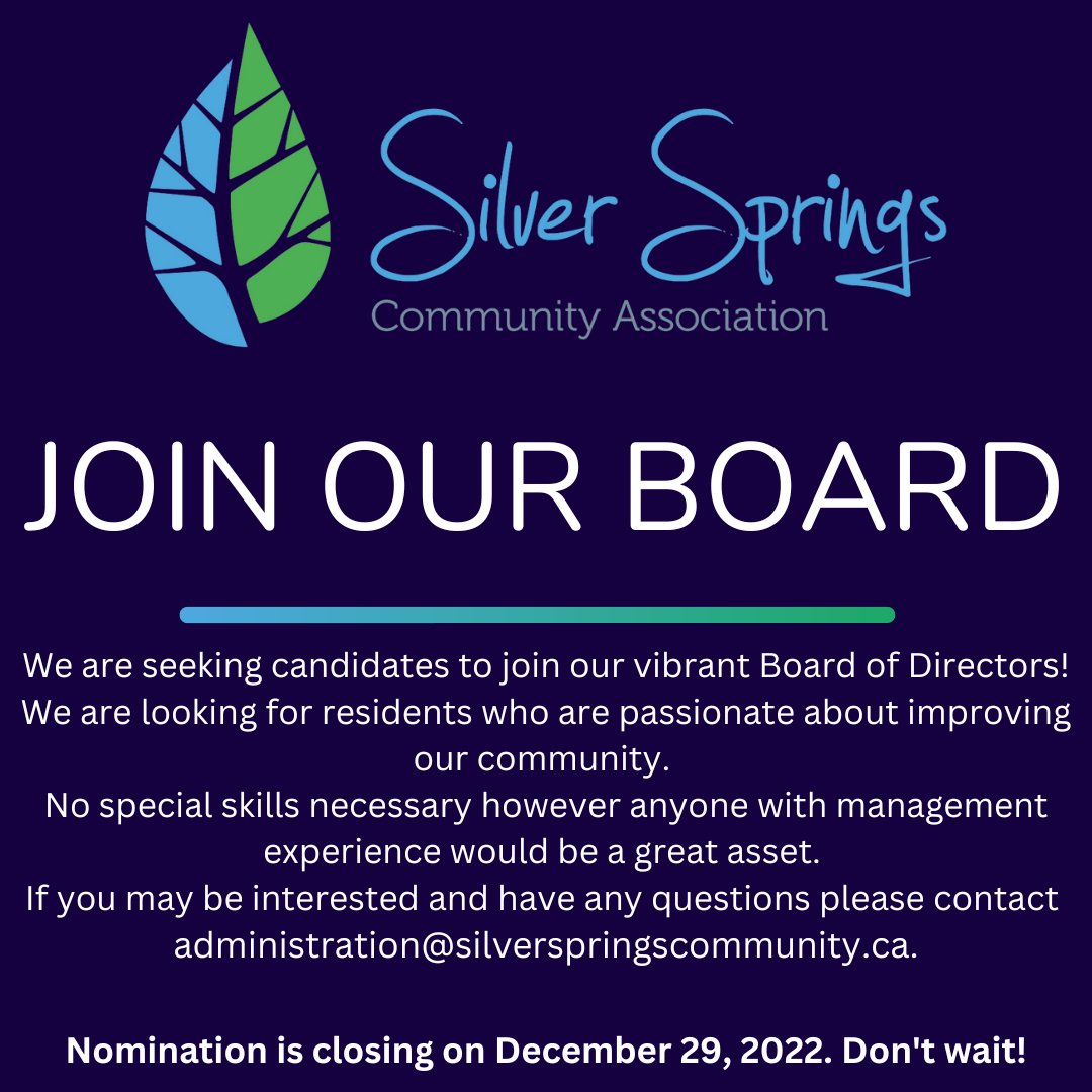 Are you interested in joining our board?Whether your interests are guiding best business practices, raising awareness of issues or giving back to the community- we’d love to hear from you! Email administration@silverspringscommunity.ca #silverspringsyyc #silverspringscalgary