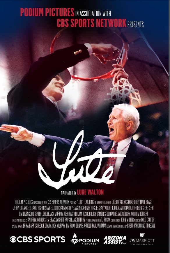 A-Club Letterwinners! Be sure to tune in to CBS Sports on Wednesday, December 7th at 8:30pm MT for the TV Premiere of “LUTE” the documentary of Lute Olson’s coaching career and The 1997 National Championship team narrated by Luke Walton. #Legend #WildcatforLife ❤️💙🐻⬇️