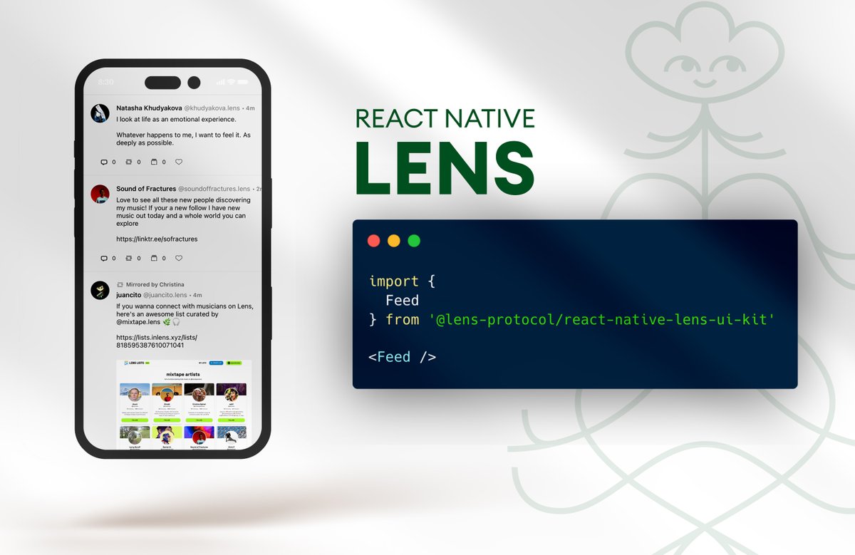 dabit3's tweet image. Today I'm excited to announce the release of React Native Lens UI Kit 🚀🌿
Get started building mobile apps with social features in as little as 2 lines of code 🤯
Check it out and give it a star here 🌟🌟🌟
github.com/lens-protocol/…
Here's why we decided to build this 👇
