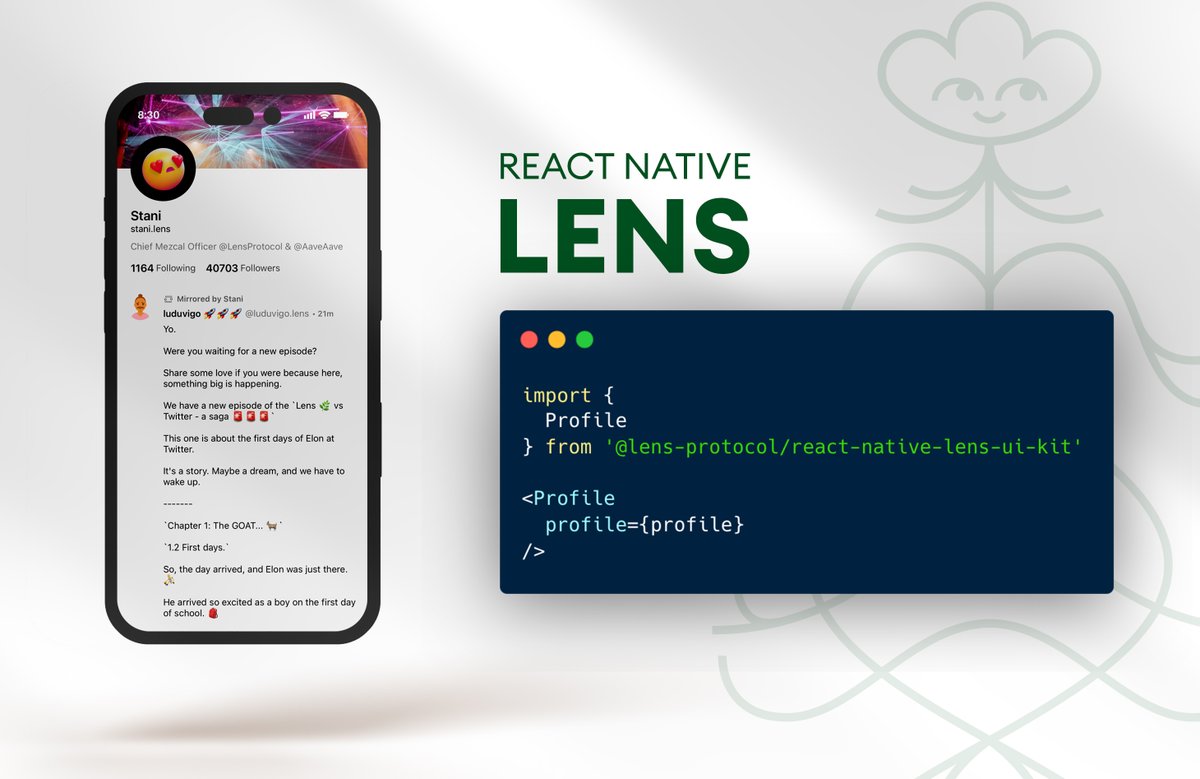 dabit3's tweet image. Today I'm excited to announce the release of React Native Lens UI Kit 🚀🌿
Get started building mobile apps with social features in as little as 2 lines of code 🤯
Check it out and give it a star here 🌟🌟🌟
github.com/lens-protocol/…
Here's why we decided to build this 👇